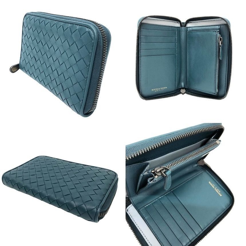 Bottega Veneta Intrecciato Leather Medium Zip Around Foldwallet Blue Green — view 2