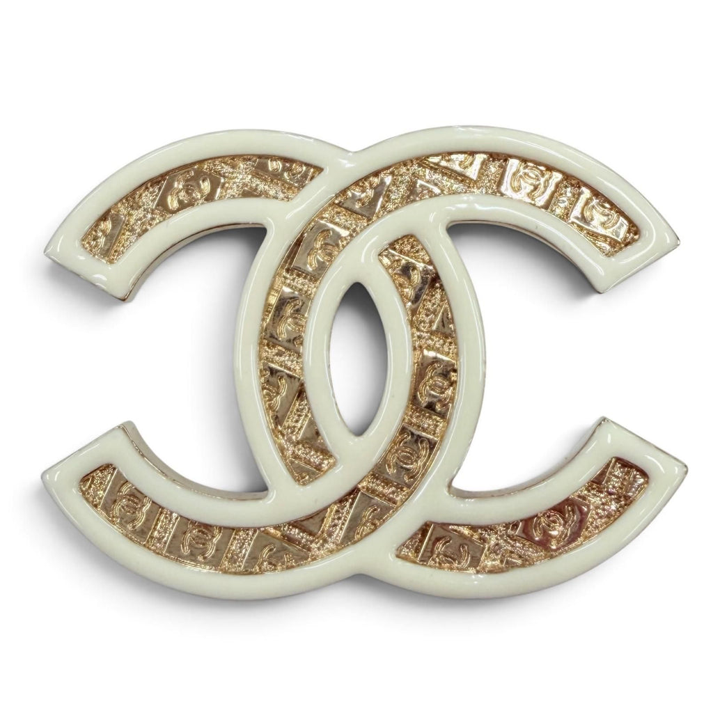 Chanel Metal CC Logo Brooch Gold Ivory Box Keep