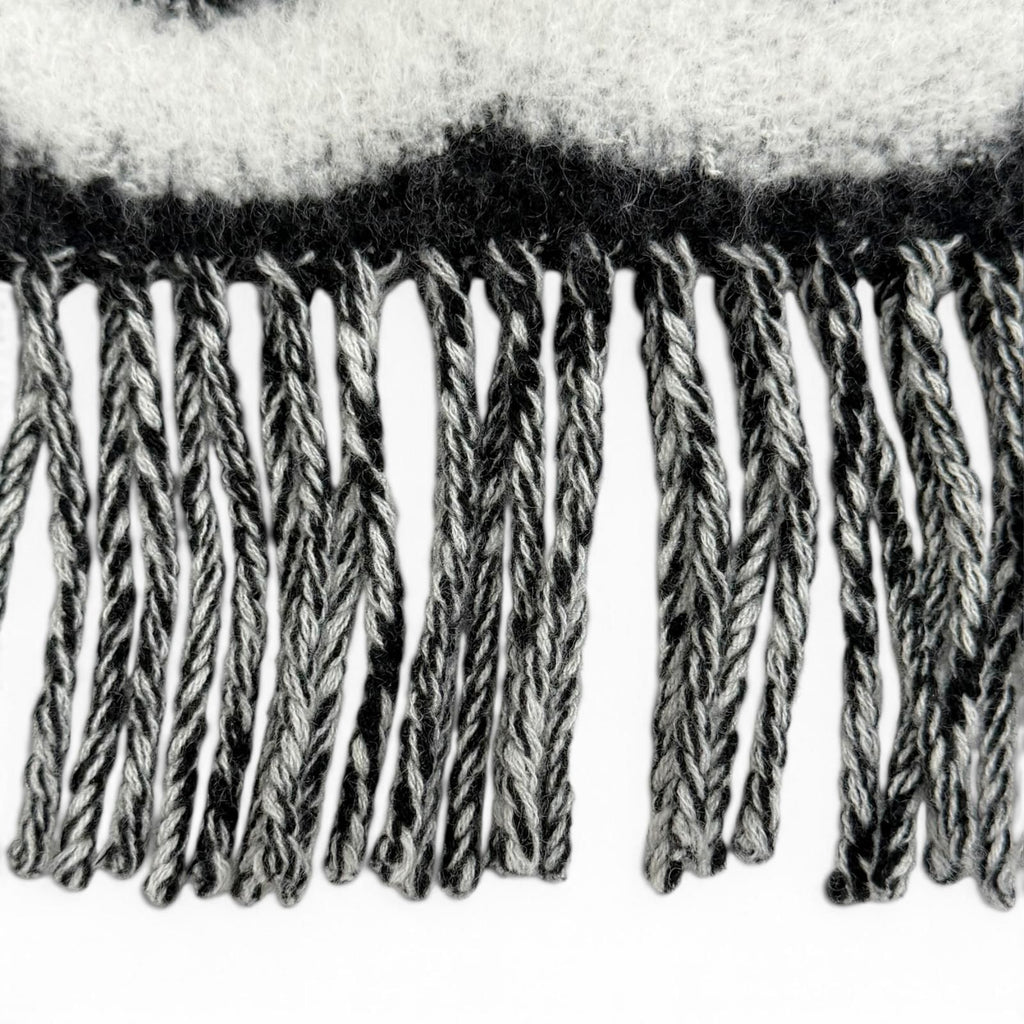 Chanel Cashmere Silk CC Logo Design Fringe Scarf White Black — view 5