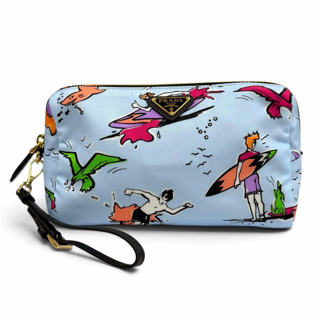 Prada Re-Nylon Triangle Logo Surf Print Pouch Makeup Blue