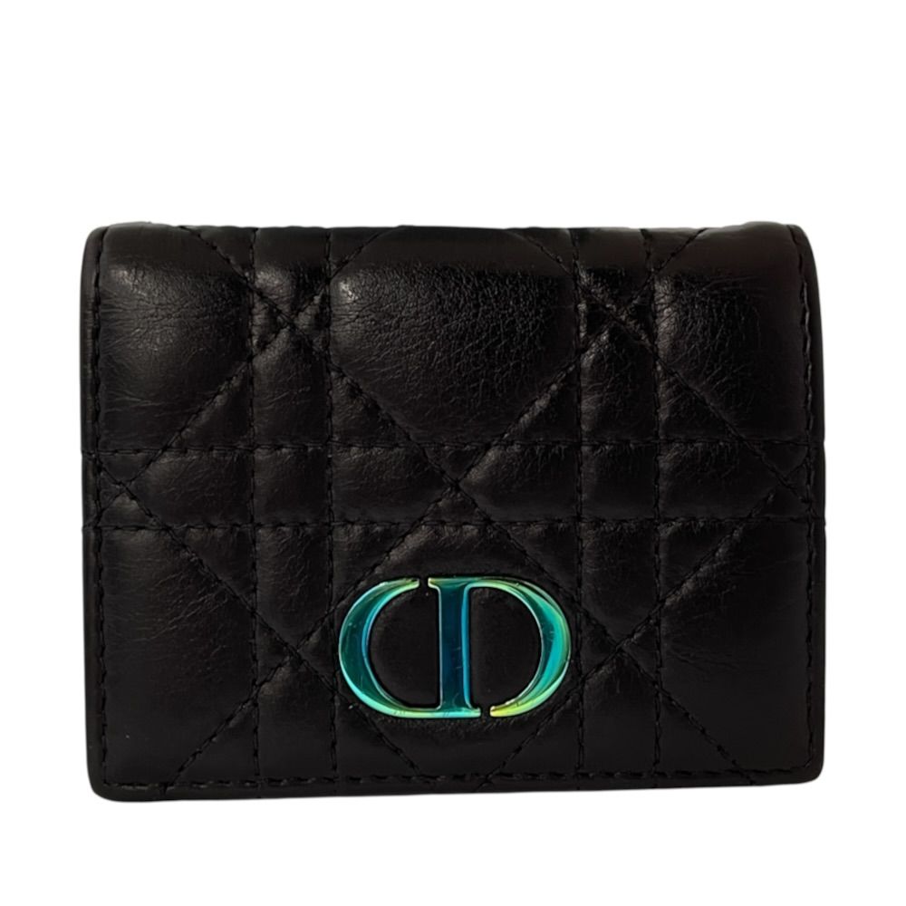 Dior Trifold Wallet Folding Caro Cannage CD Logo Quilted Leather Black Compact
