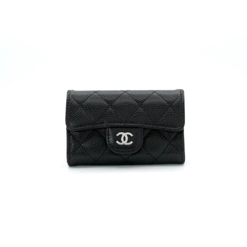 Chanel Card Case Black Silver Quilted Classic Flap CC Logo Coin Purse