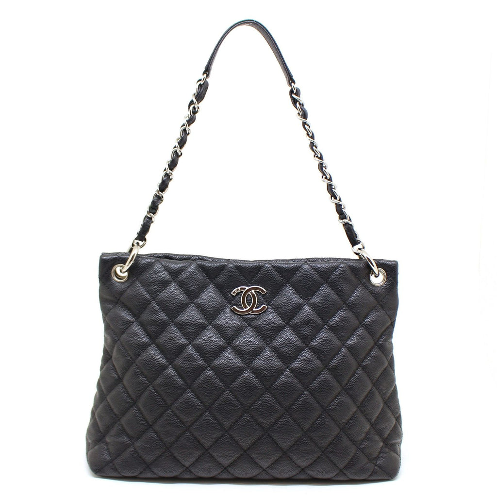 Chanel Quilted Chain Shoulder Bag Caviar Leather Black Silver