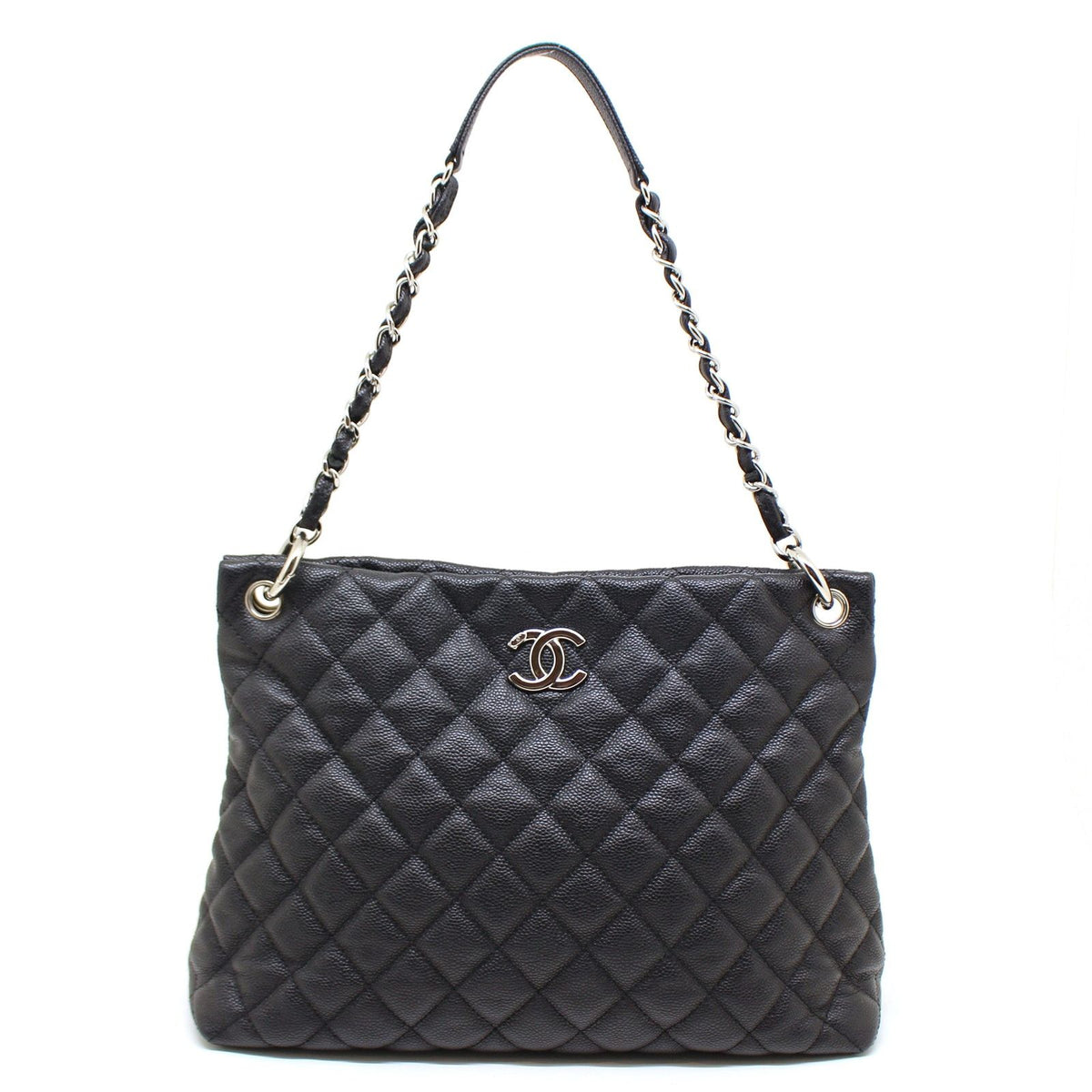 Chanel Quilted Chain Shoulder Bag Caviar Leather Black Silver