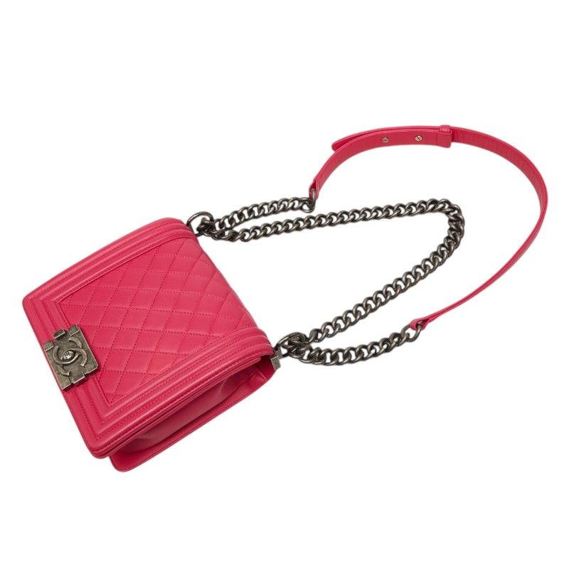 Chanel Boy CC Logo Chain Shoulder Bag Pink Lambskin — view 4