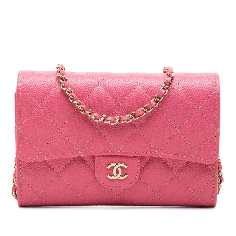 Chanel Quilted CC Logo Chain Wallet Shoulder Bag Pink Caviar Leather