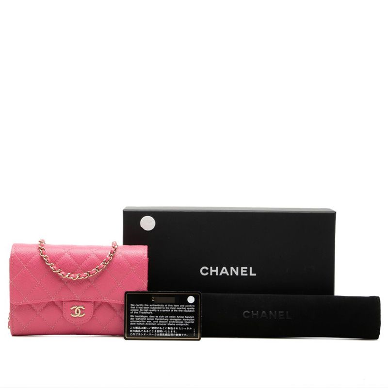 Chanel Quilted CC Logo Chain Wallet Shoulder Bag Pink Caviar Leather — view 7