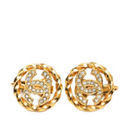 Chanel CC Logo Round Earrings Gold Plated Rhinestone