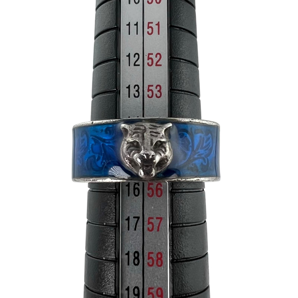Gucci Garden Cat Head Enamel Silver Blue Ring — view 7
