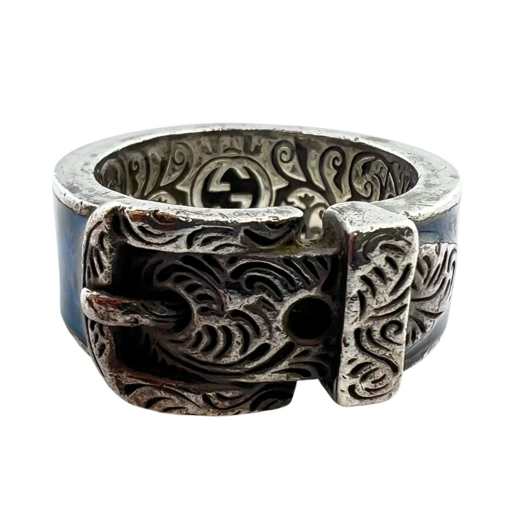 Gucci Garden Cat Head Enamel Silver Blue Ring — view 3