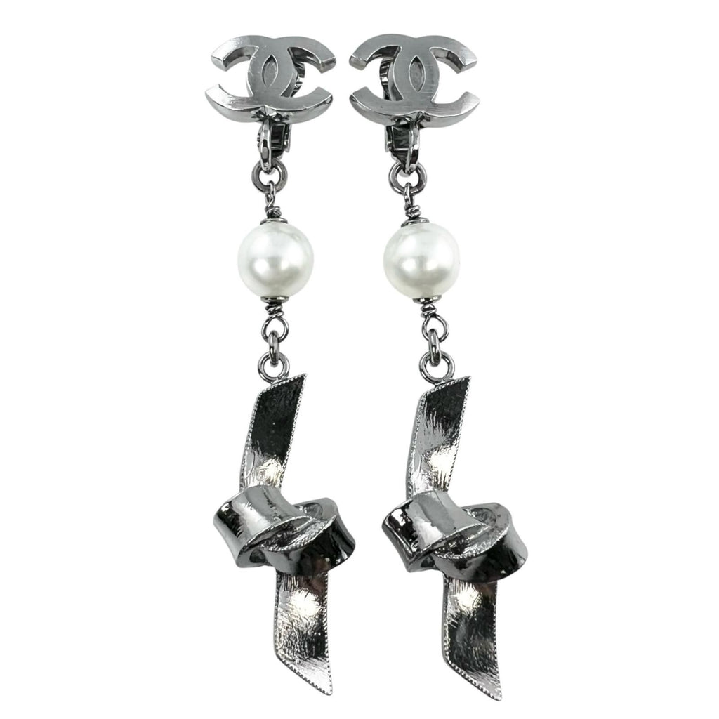Chanel CC Logo Ribbon Motif Metal Faux Pearl Silver Earrings