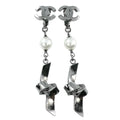 Chanel CC Logo Ribbon Motif Metal Faux Pearl Silver Earrings