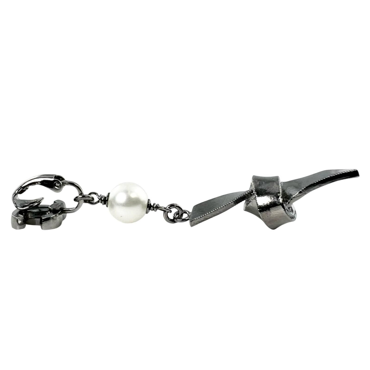 Chanel CC Logo Ribbon Motif Metal Faux Pearl Silver Earrings — view 5