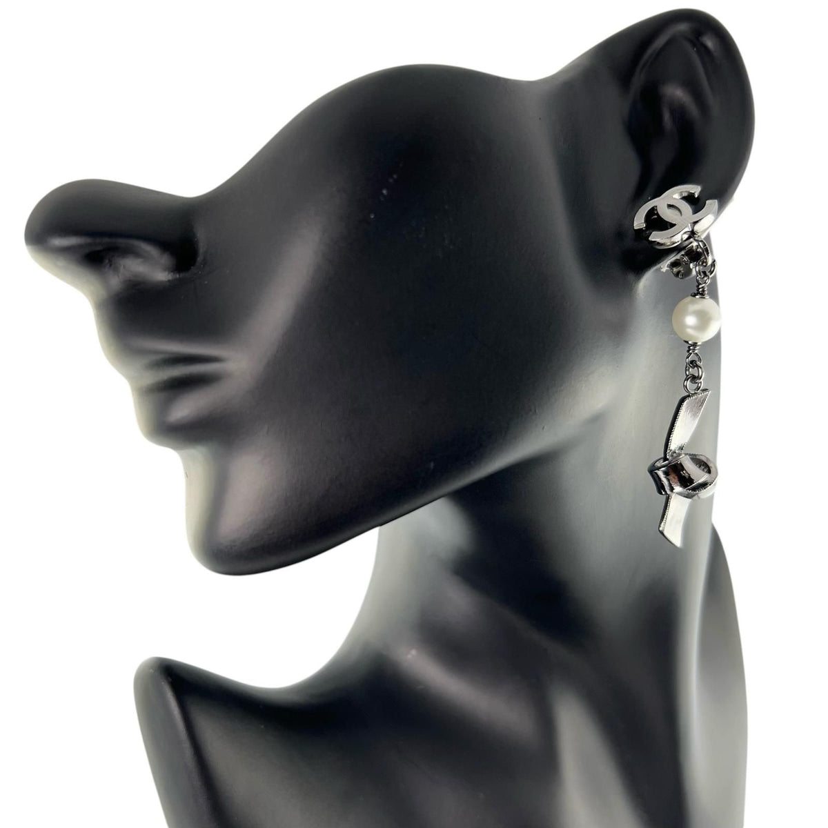 Chanel CC Logo Ribbon Motif Metal Faux Pearl Silver Earrings — view 2