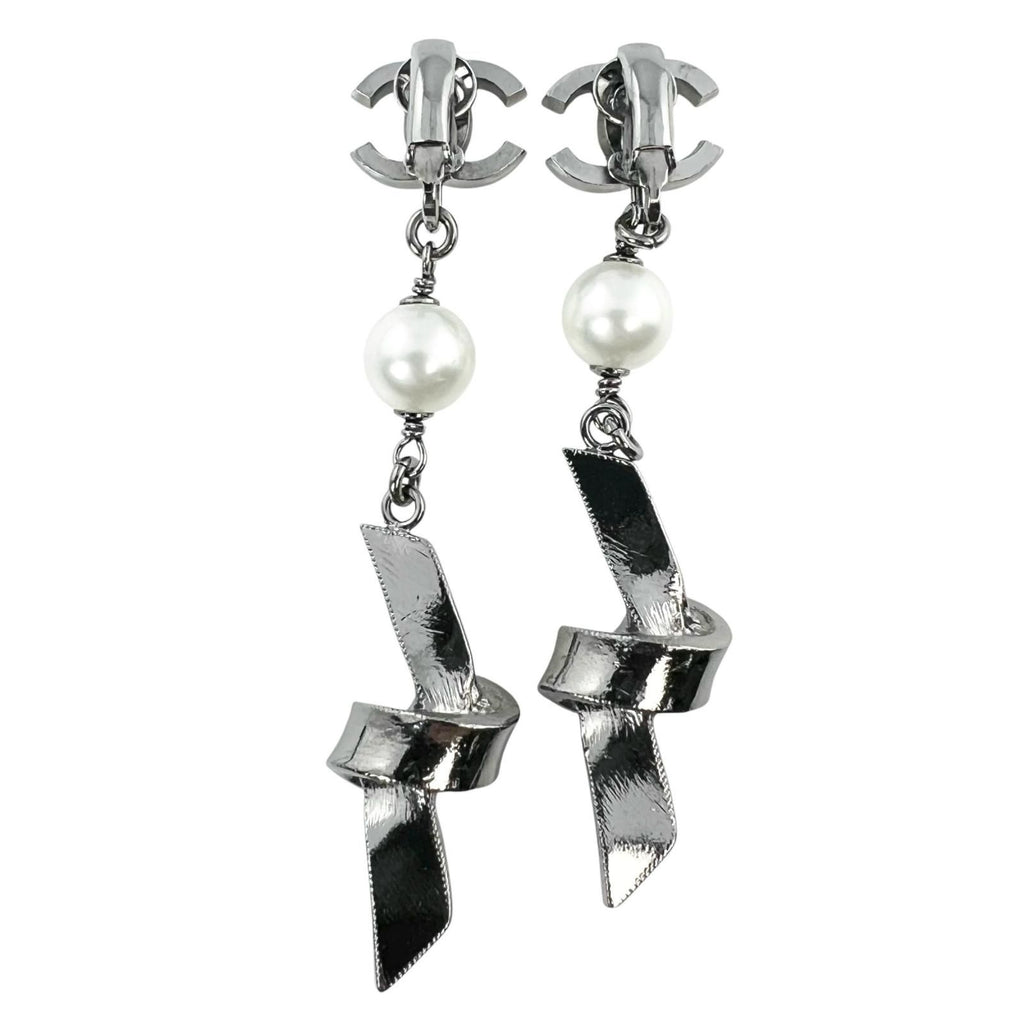 Chanel CC Logo Ribbon Motif Metal Faux Pearl Silver Earrings — view 3