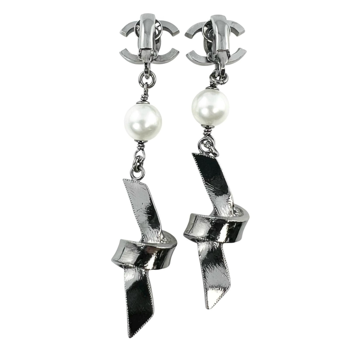 Chanel CC Logo Ribbon Motif Metal Faux Pearl Silver Earrings — view 3