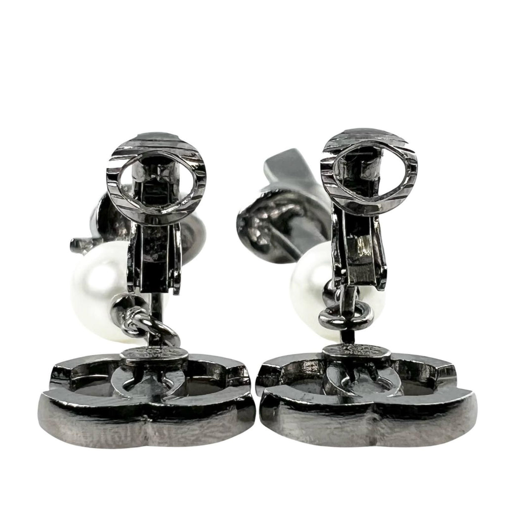 Chanel CC Logo Ribbon Motif Metal Faux Pearl Silver Earrings — view 4