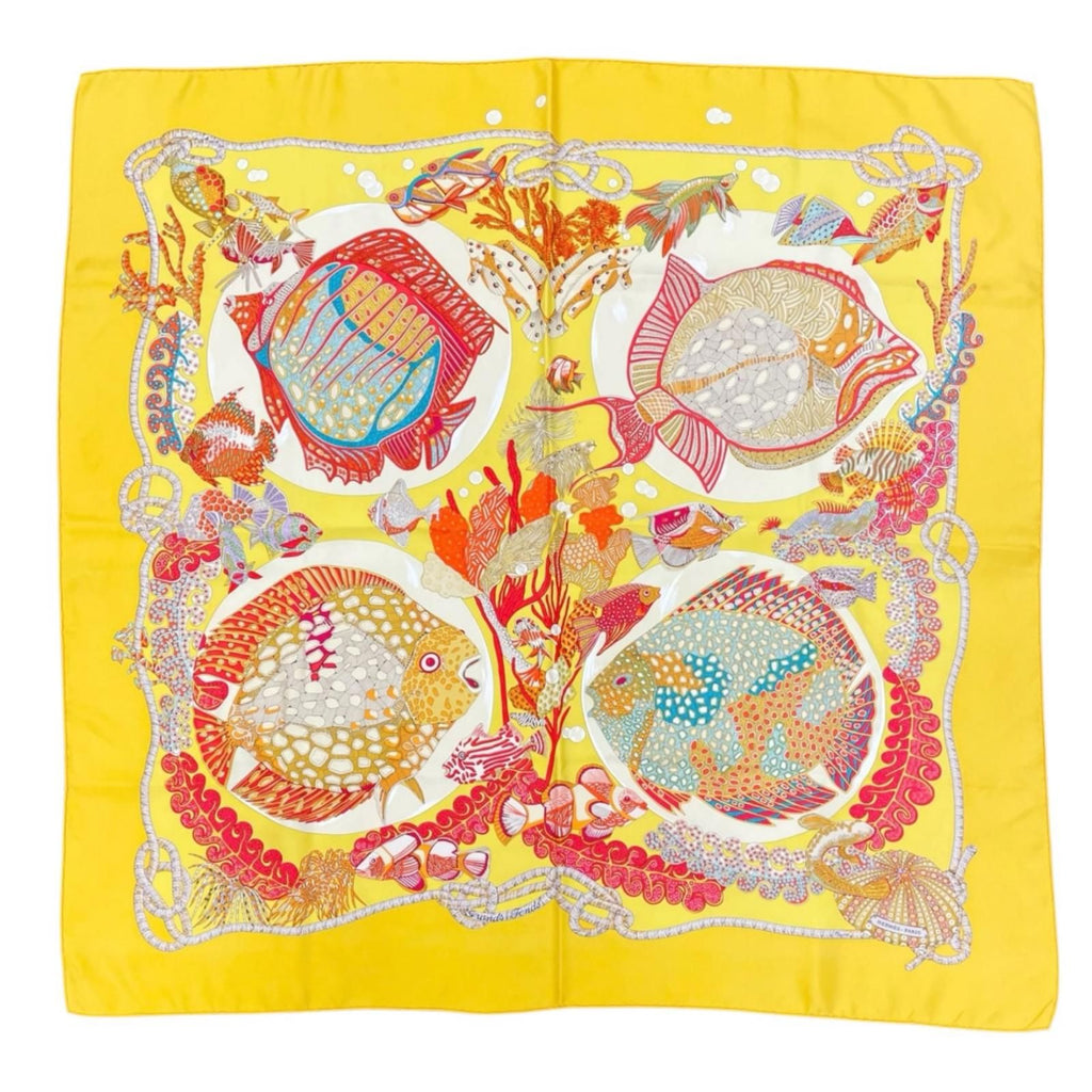 Hermes Carre 90 Grands Fonds Silk Yellow Red Scarf