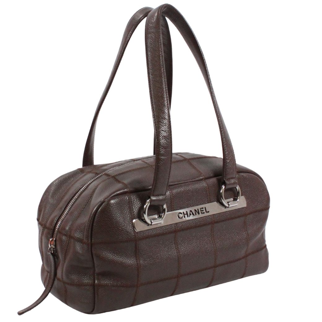 Chanel Choco Bar Mini Caviar Leather Dark Brown Boston Bag Silver — view 2