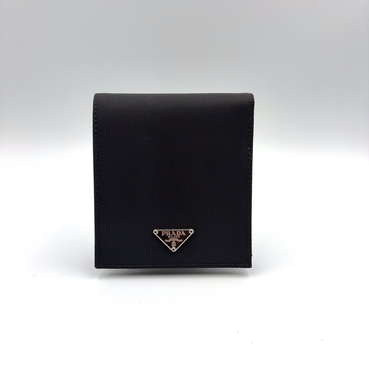 Prada Compact Leather Nylon Black Bifold Wallet Silver