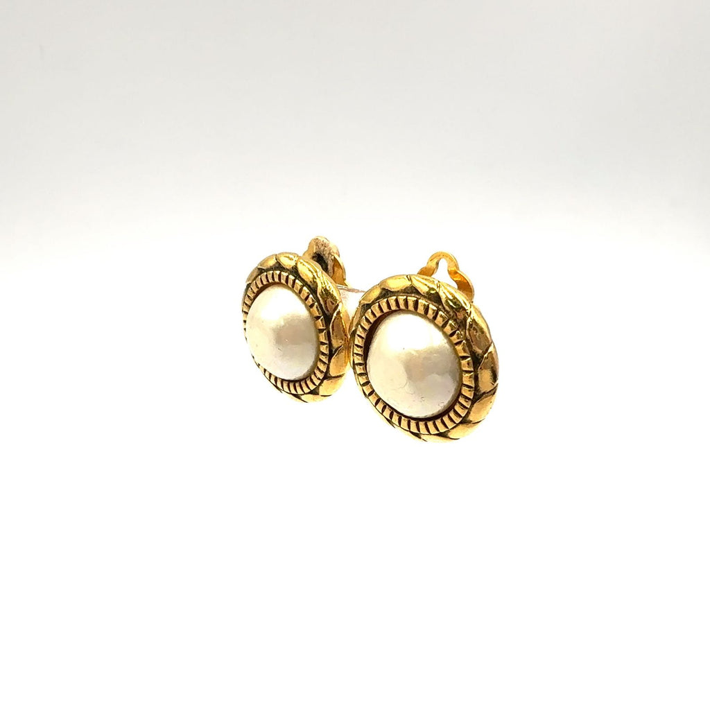 Chanel Pearl Motif Circle Faux Off White Gold Earrings — view 2