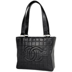Chanel Tote Bag CC Logo Choco Bar Leather Black