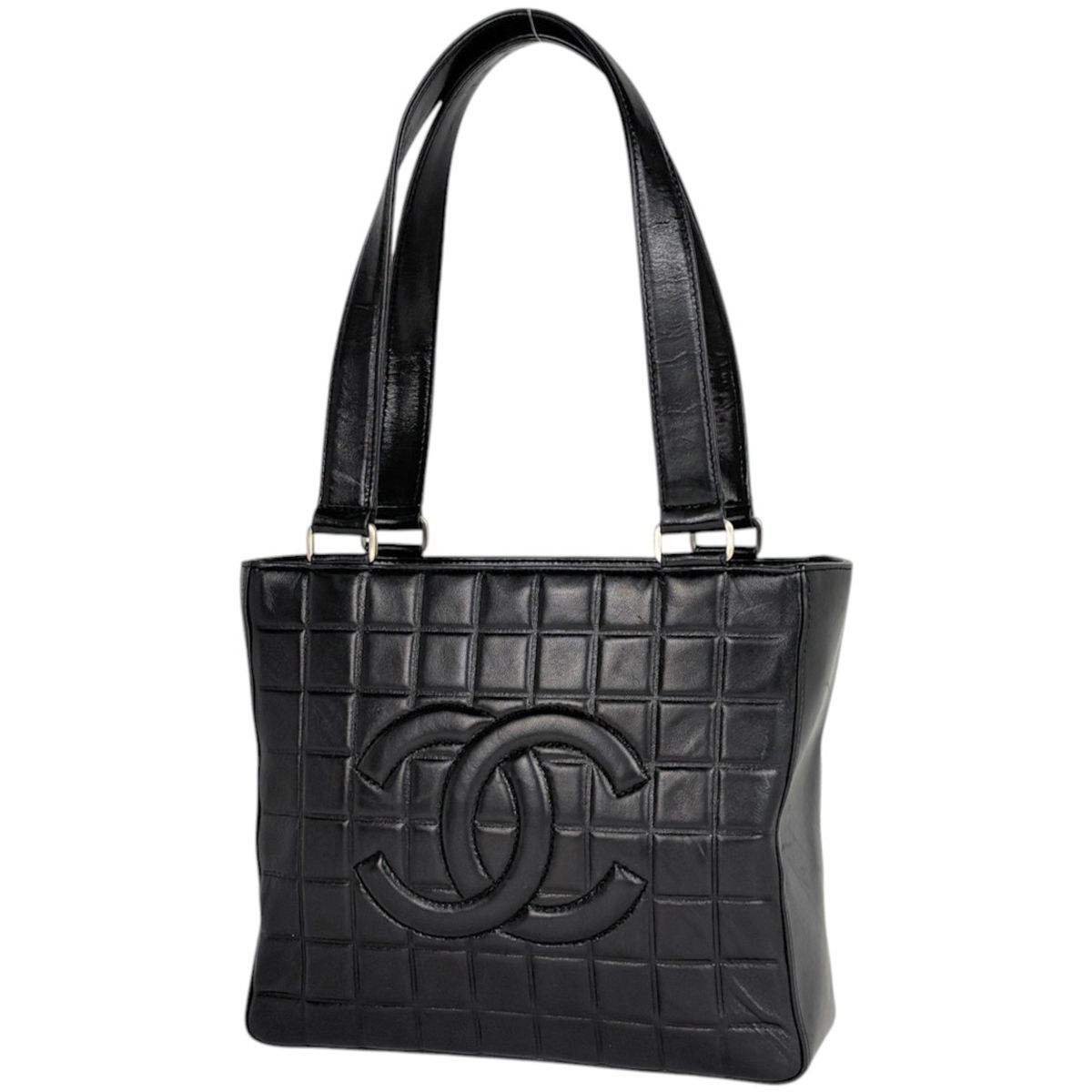 Chanel Tote Bag CC Logo Choco Bar Leather Black