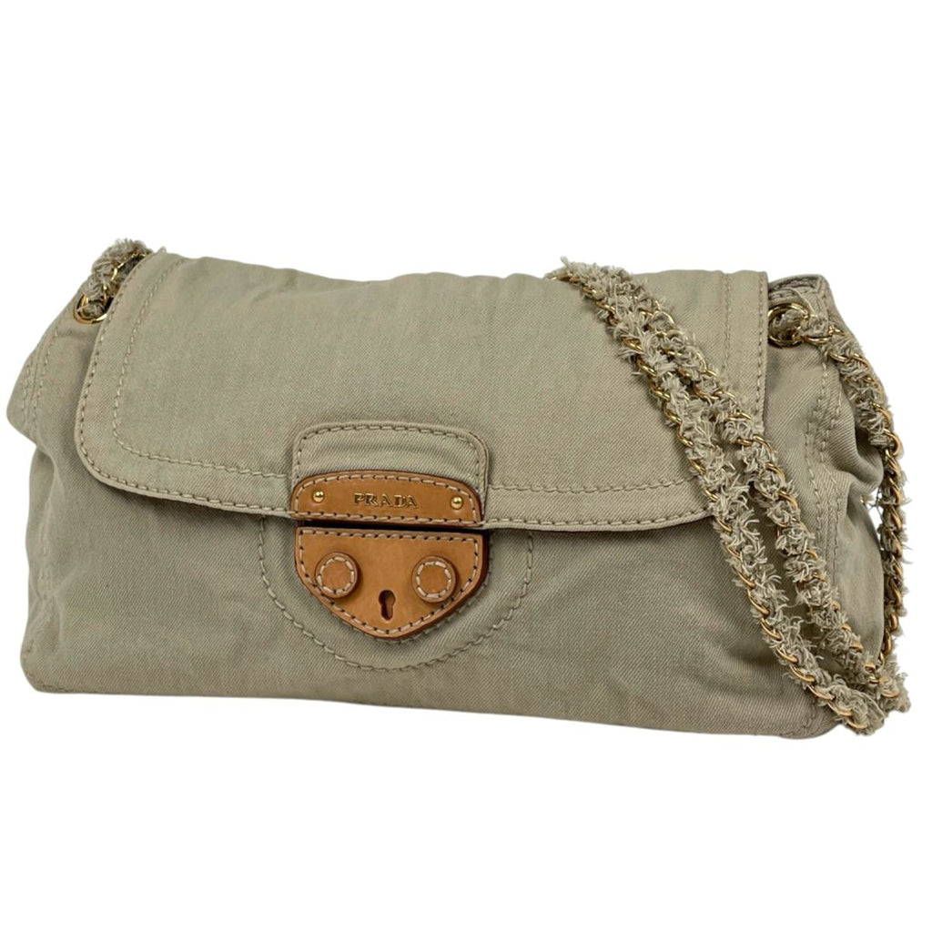 Prada Shoulder Bag Logo Chain Canvas Beige