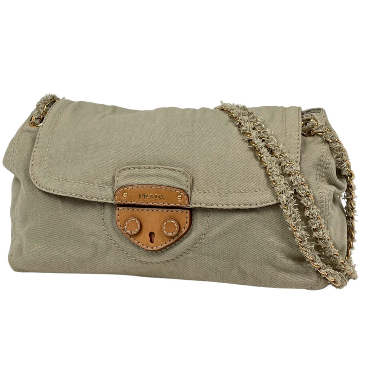 Prada Shoulder Bag Logo Chain Canvas Beige