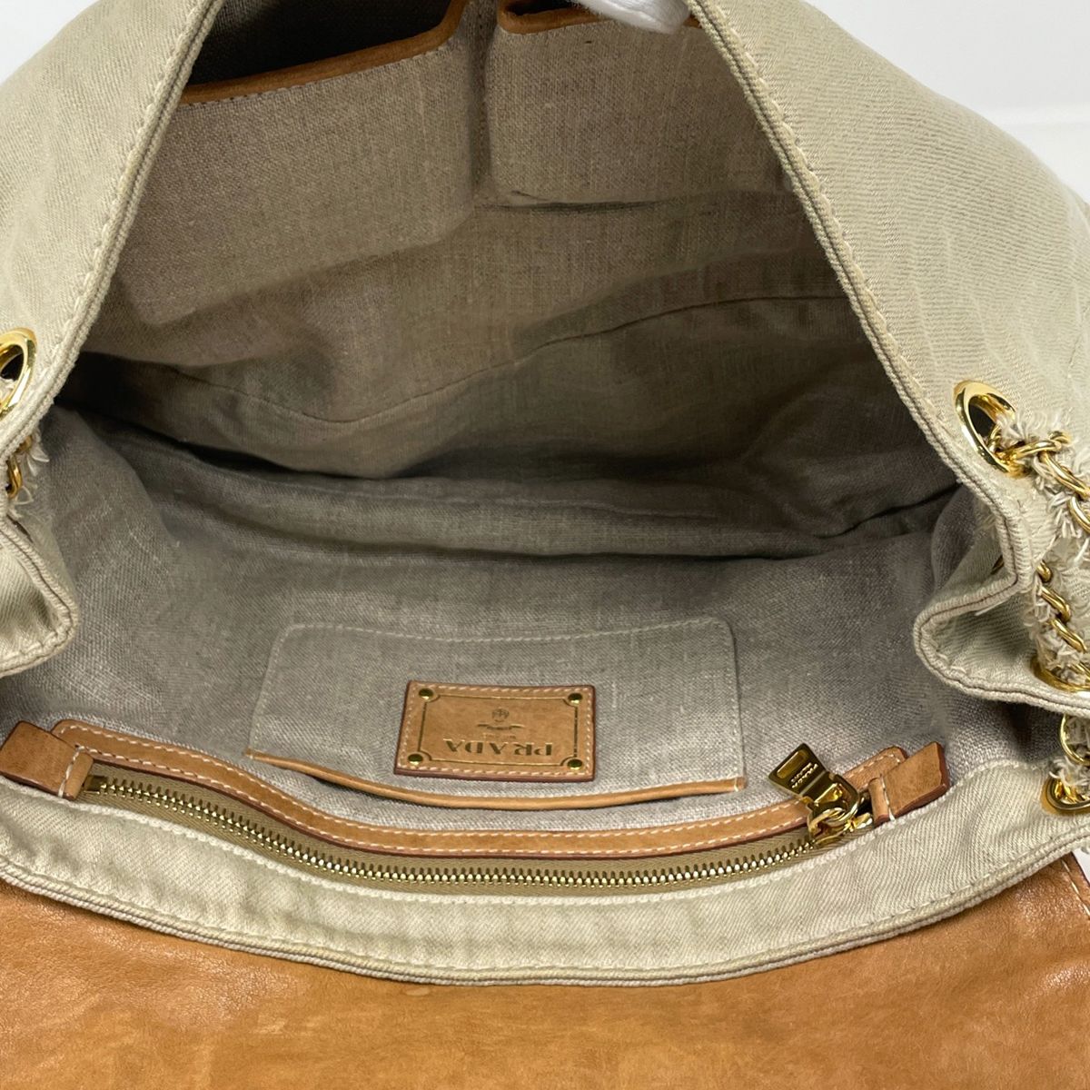 Prada Shoulder Bag Logo Chain Canvas Beige — view 7