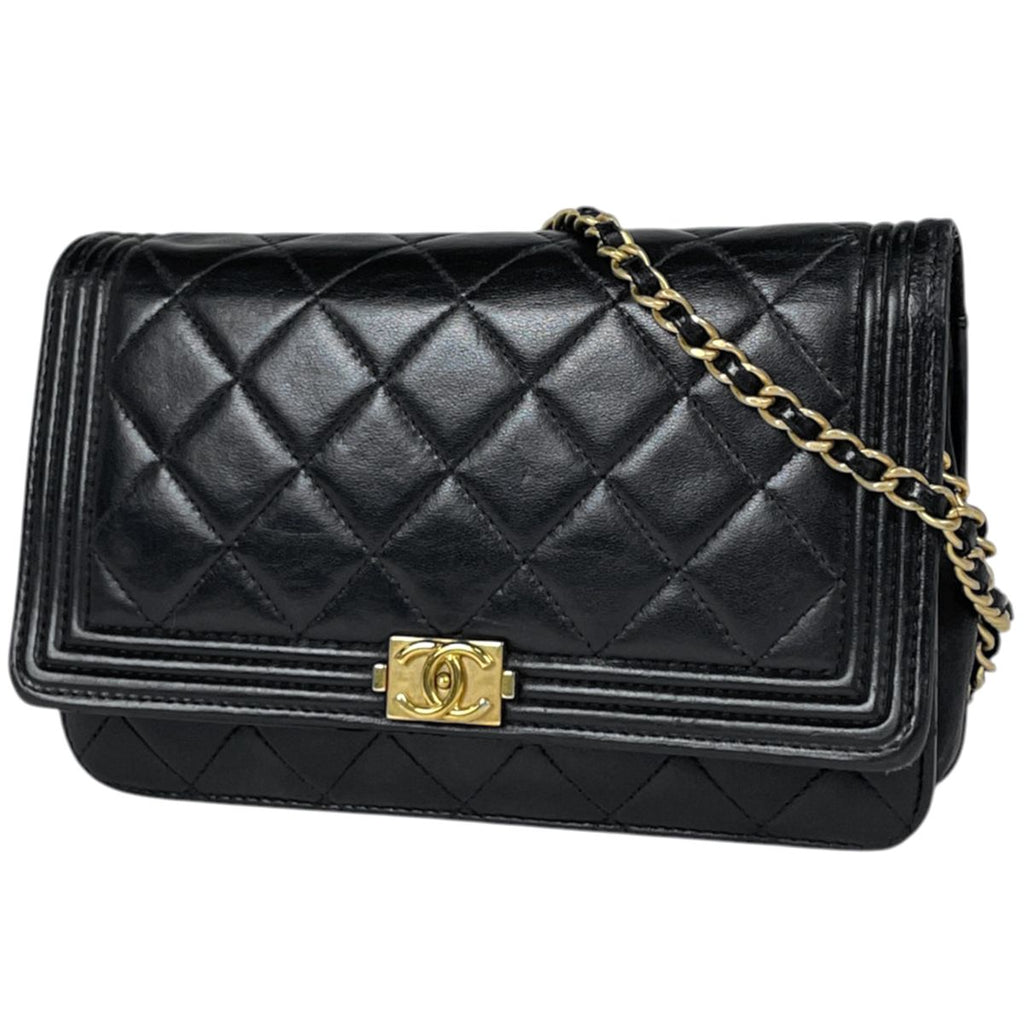 Chanel Shoulder Bag Boy Chain Wallet Quilted Leather Black