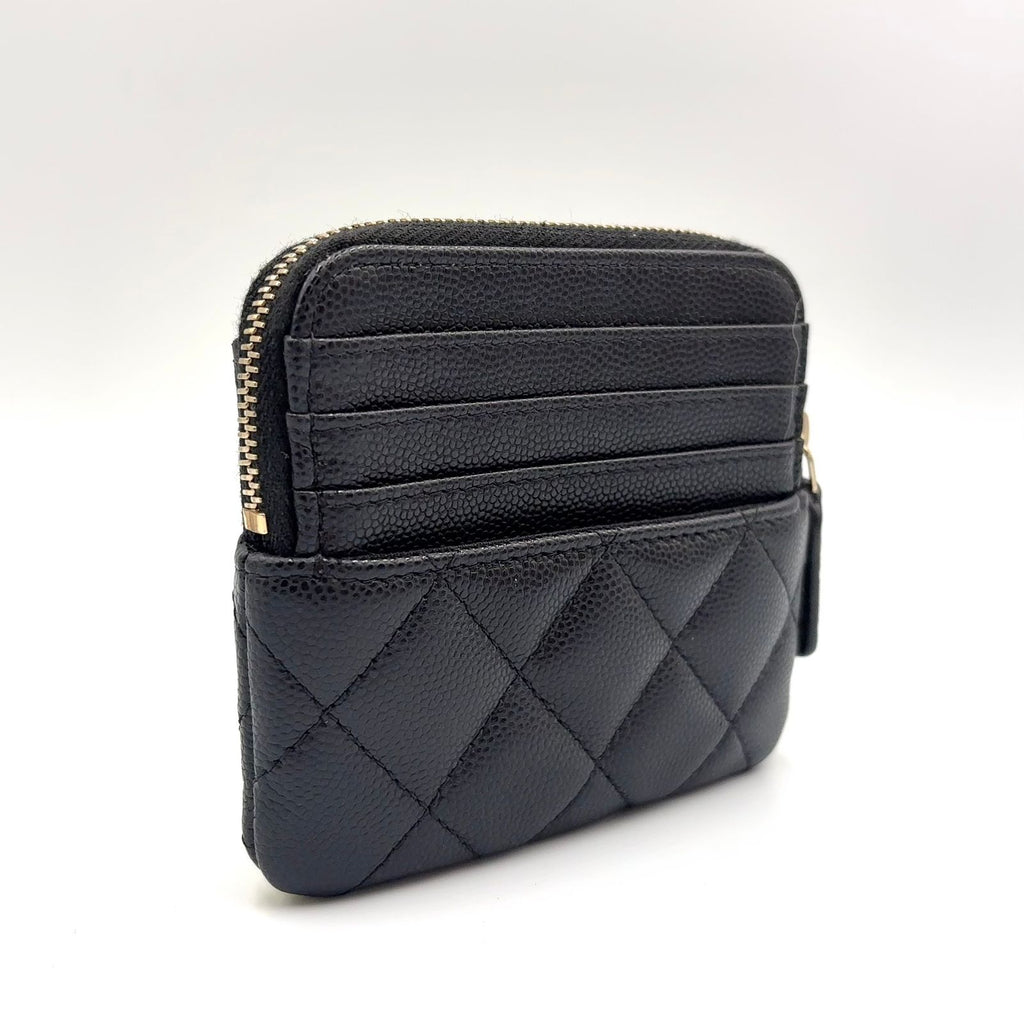 Chanel CC Logo Quilted Coin Purse Caviar Leather Black Wallet Gold — view 2