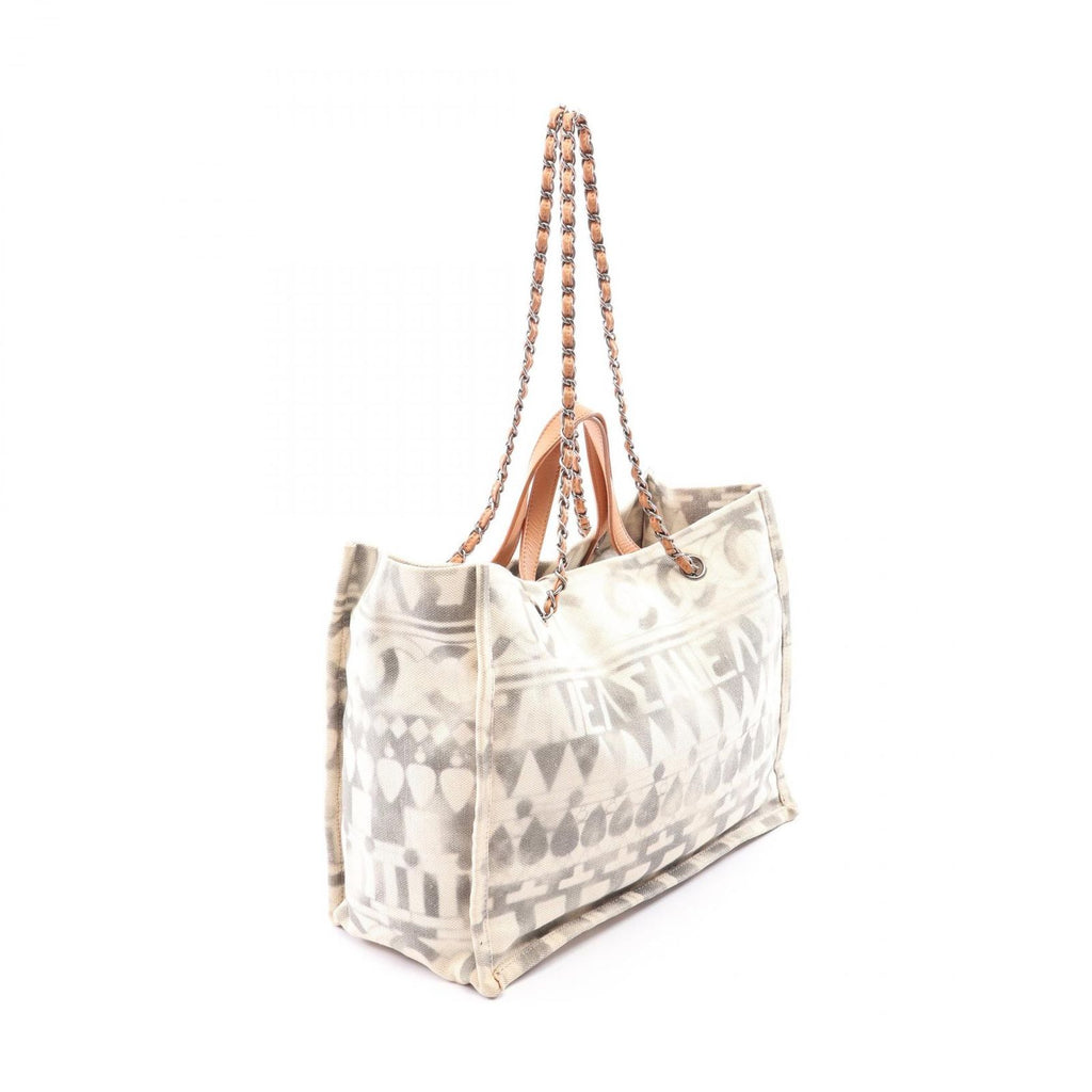Chanel Tote Bag CC Logo 2-Way Off White Black Camel Canvas Leather Shoulder — view 2