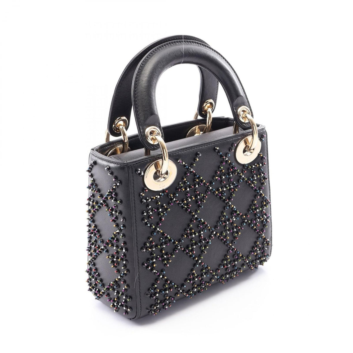Dior Handbag Lady Dior Mini Beads 2-Way Black Multi Leather Tote — view 2