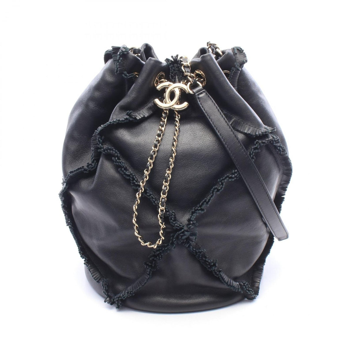 Chanel Shoulder Bag CC Logo Fringe Black Lambskin