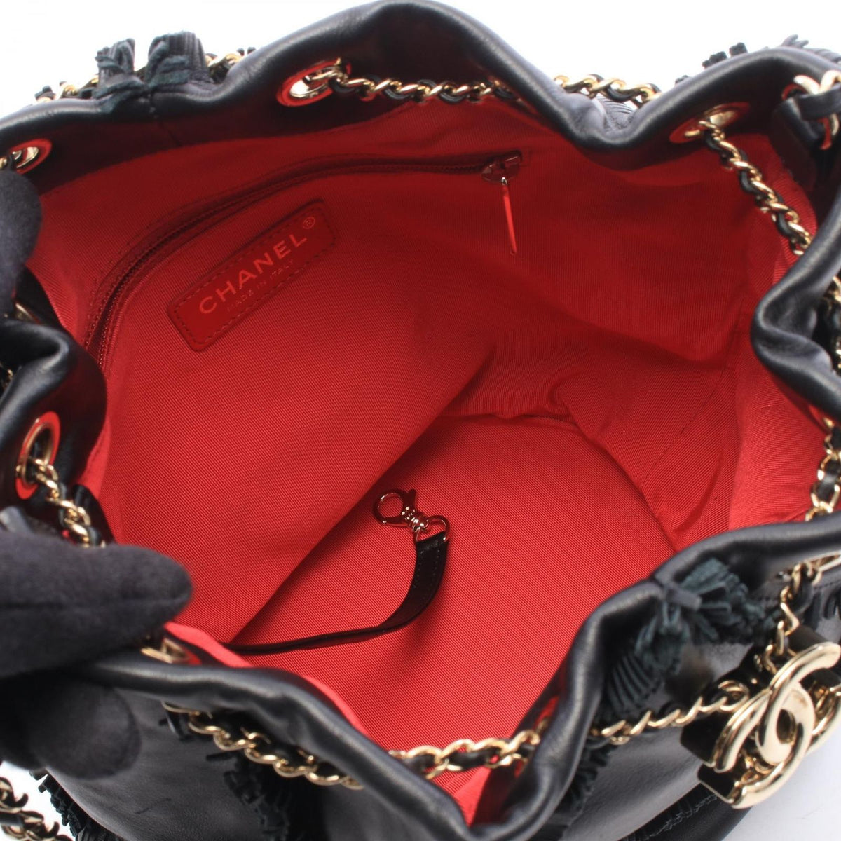 Chanel Shoulder Bag CC Logo Fringe Black Lambskin — view 3