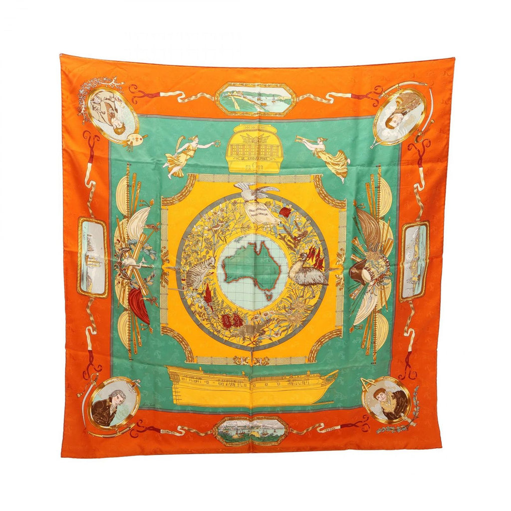 Hermes Scarf Carre 90 le Geographe Orange Silk
