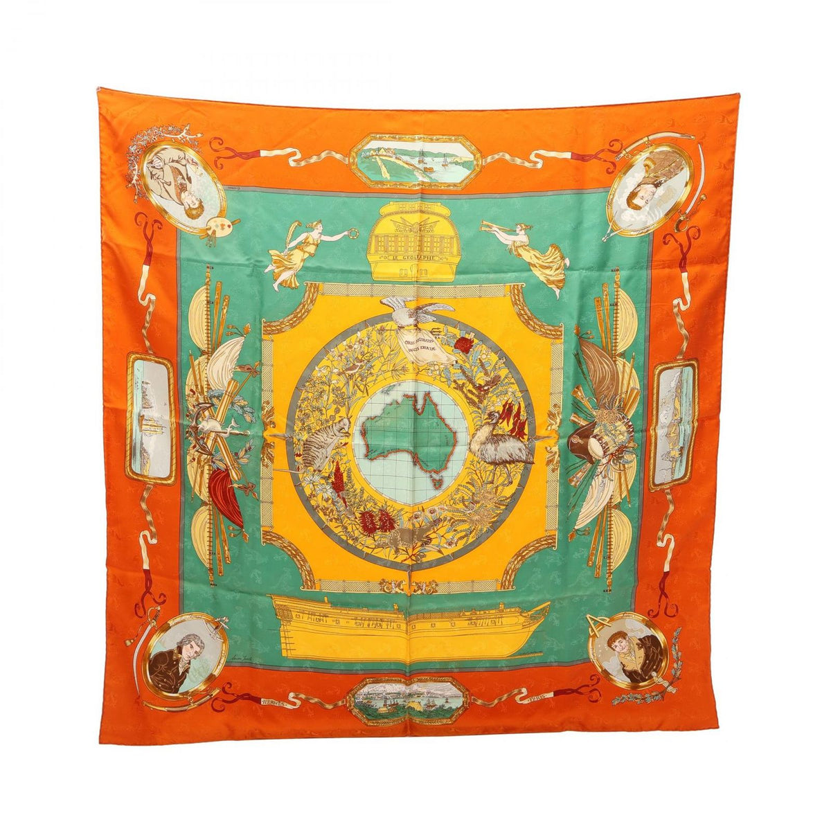 Hermes Scarf Carre 90 le Geographe Orange Silk