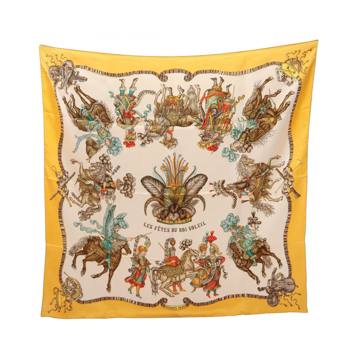 Hermes Scarf Carre 90 les Fetes du Roi Soleil Yellow Silk