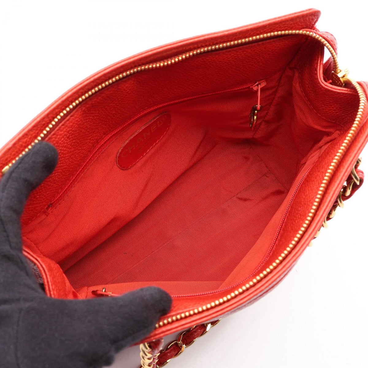 Chanel Shoulder Bag Logo Red Caviar Leather Chain — view 3