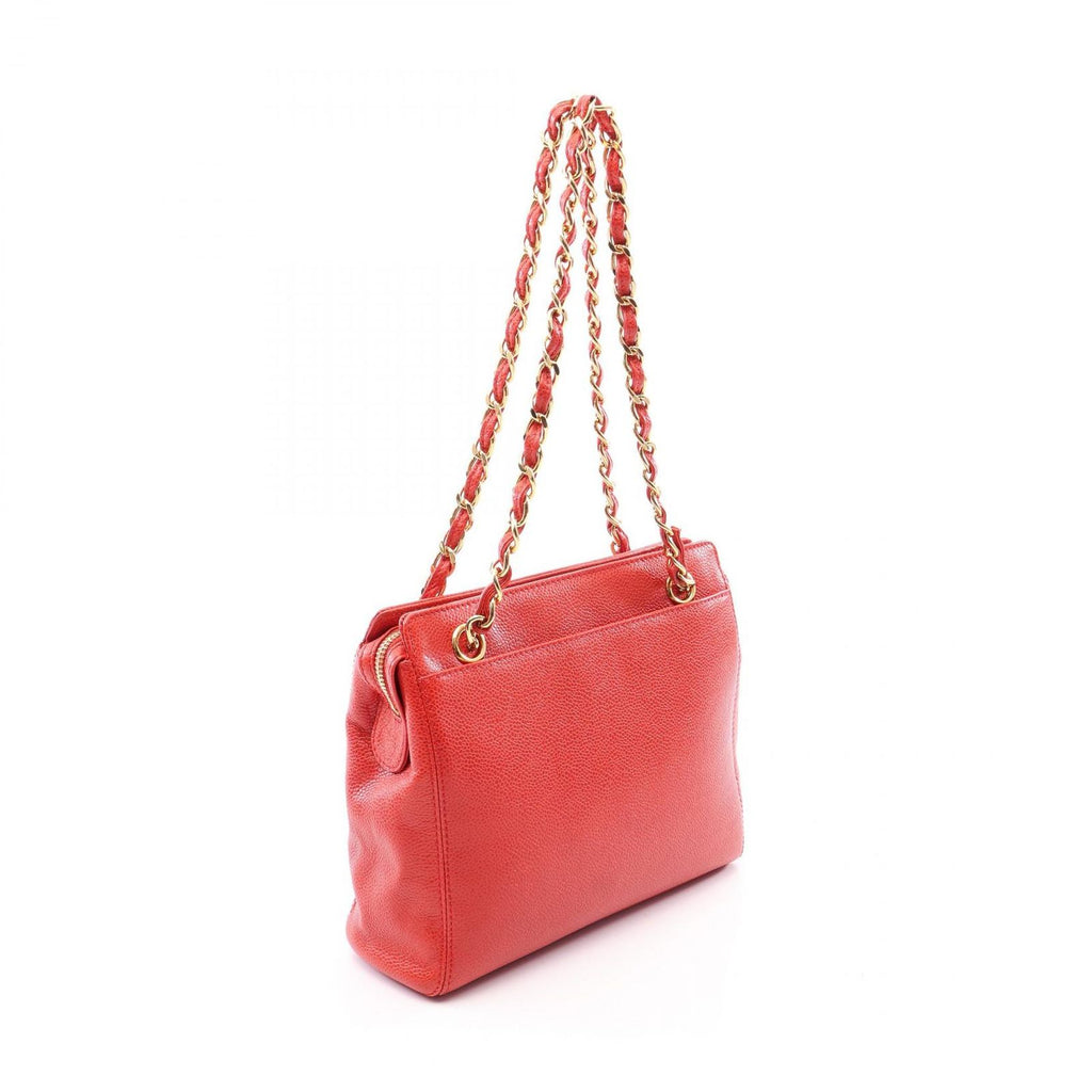 Chanel Shoulder Bag Logo Red Caviar Leather Chain — view 2