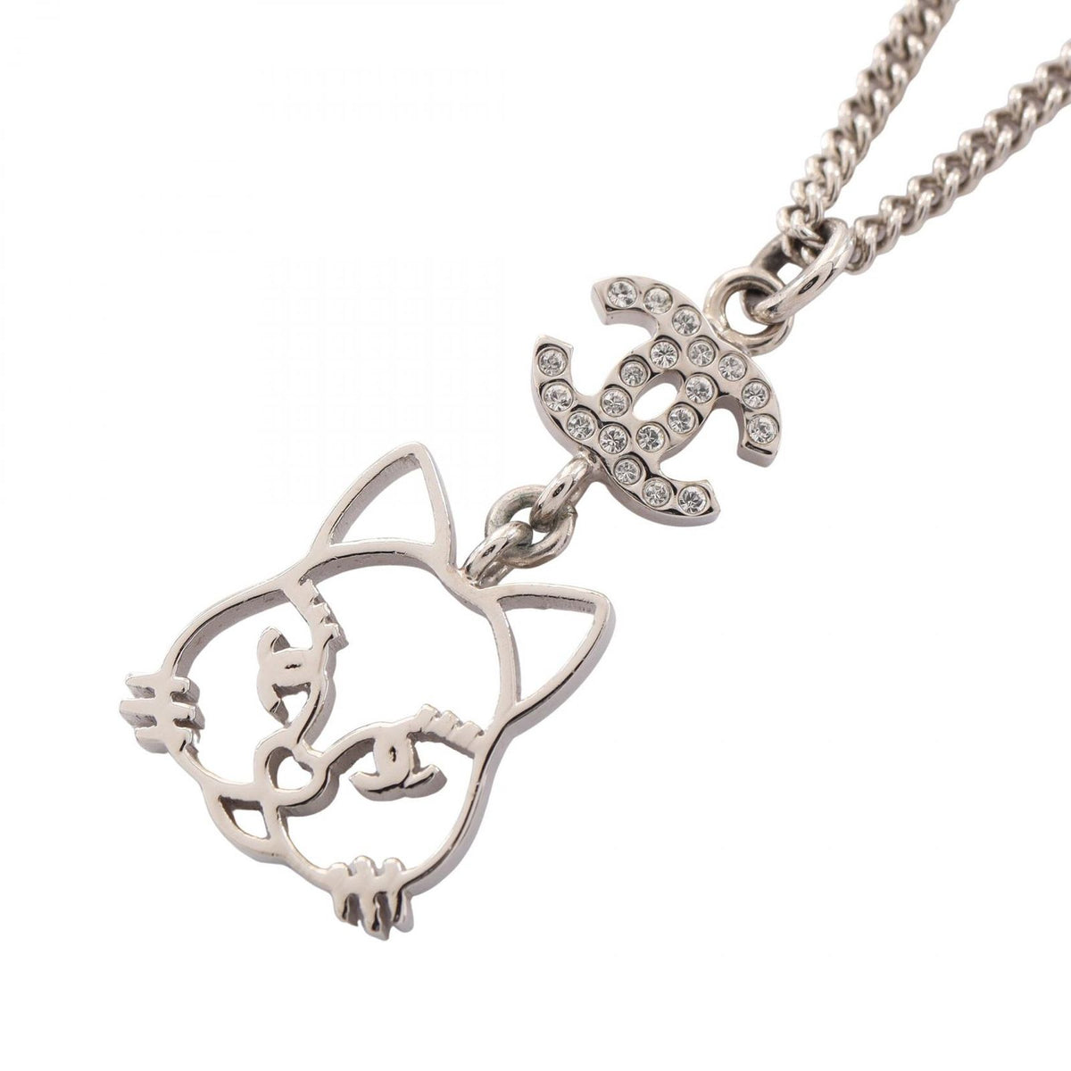 Chanel Necklace CC Logo Cat Silver