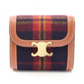 Celine Trifold Wallet Triomphe Tartan Check Small Flap Navy Brown Wool Leather