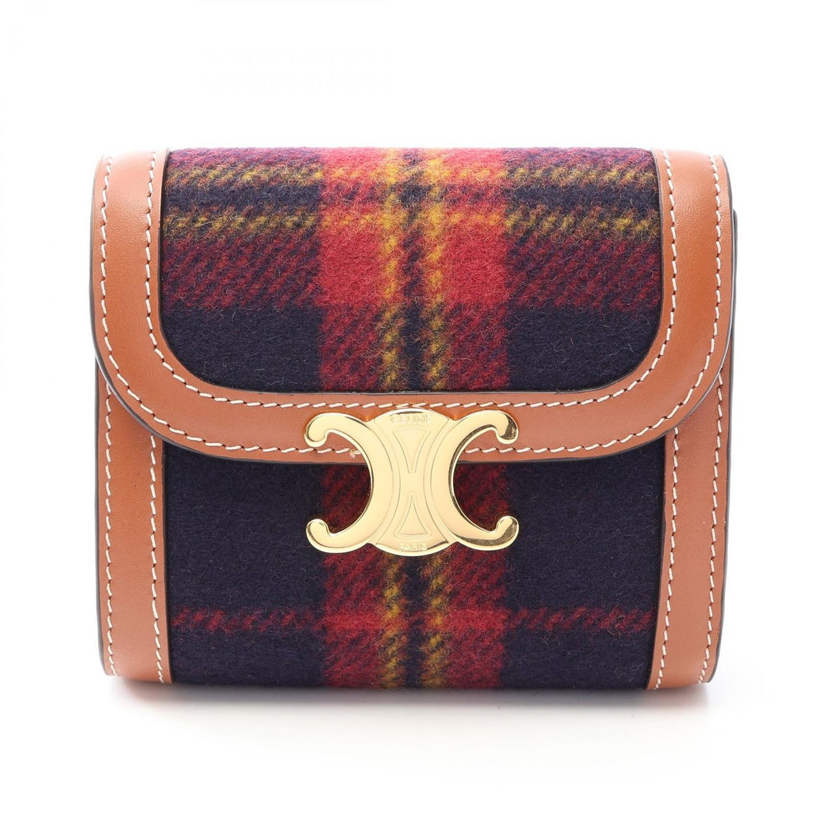 Celine Trifold Wallet Triomphe Tartan Check Small Flap Navy Brown Wool Leather