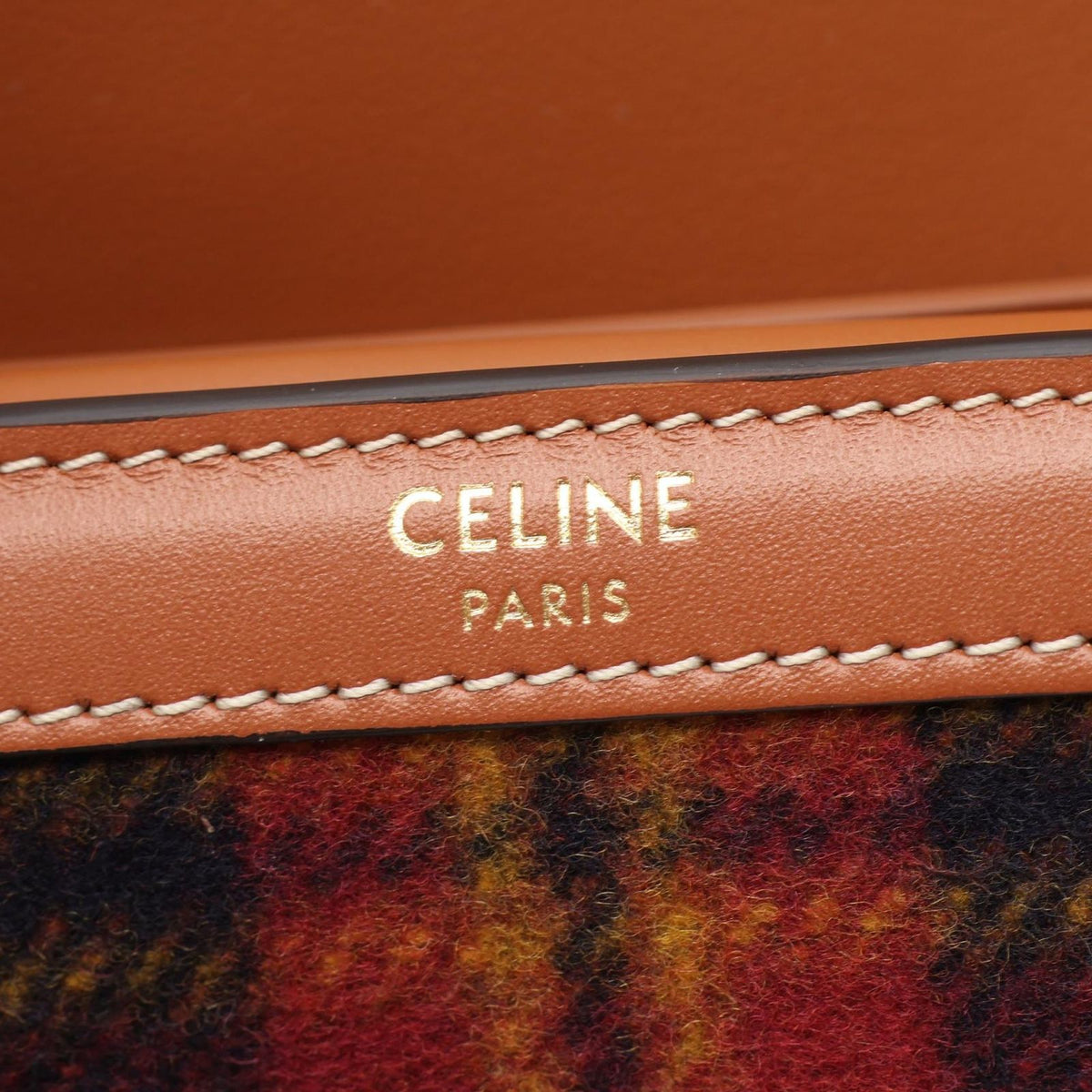 Celine Trifold Wallet Triomphe Tartan Check Small Flap Navy Brown Wool Leather — view 6