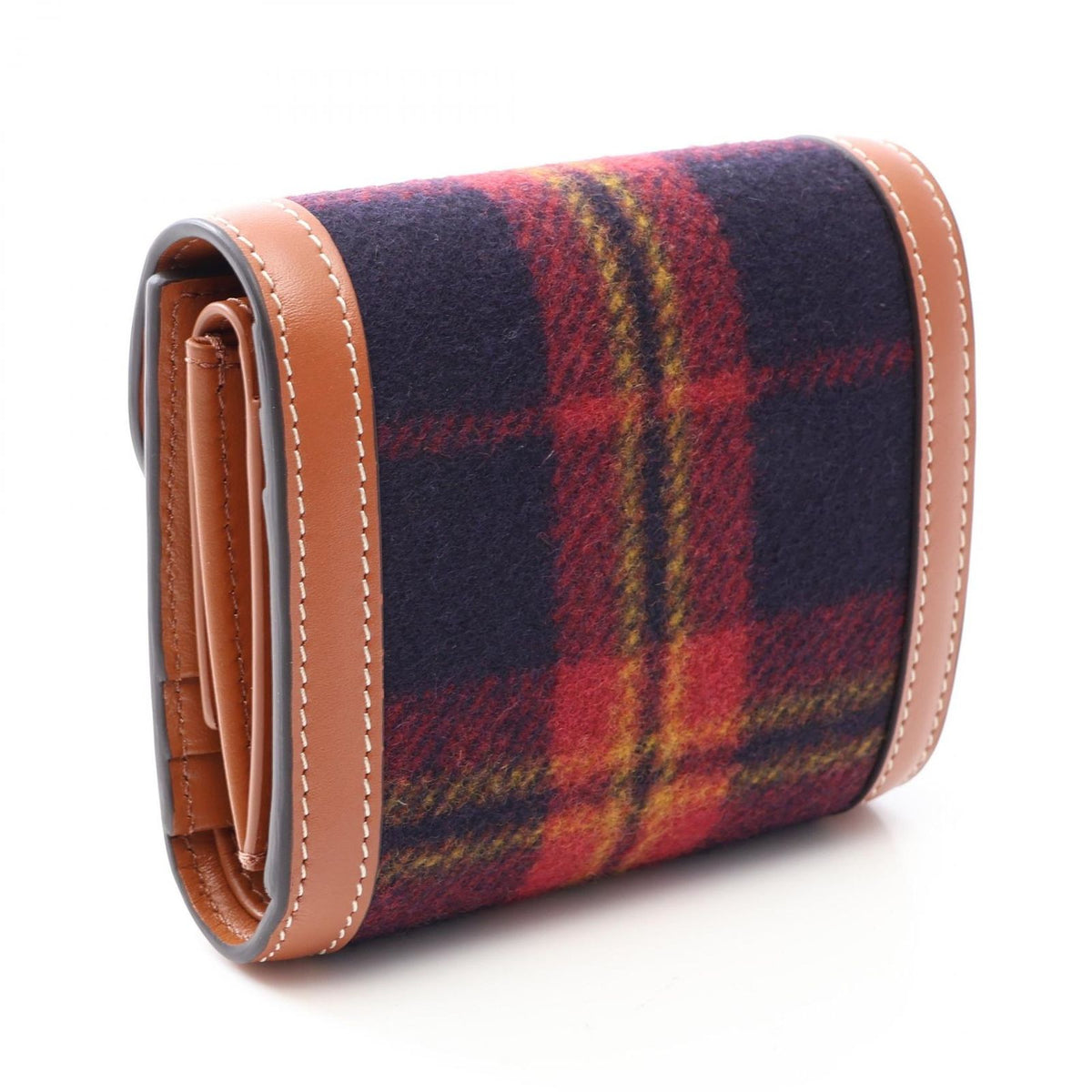 Celine Trifold Wallet Triomphe Tartan Check Small Flap Navy Brown Wool Leather — view 2