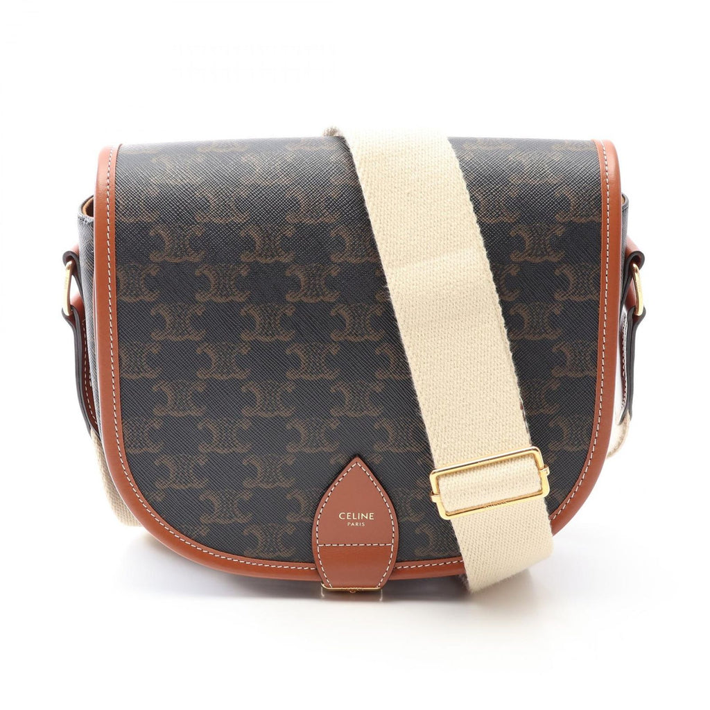Celine Shoulder Bag Large Strap Folco Triomphe Black Brown Leather