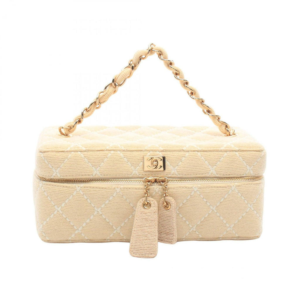 Chanel Handbag Wild Stitch Cream Canvas Quilted Chain Handle Vanity Bag