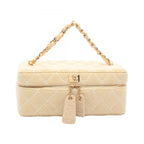 Chanel Handbag Wild Stitch Cream Canvas Quilted Chain Handle Vanity Bag