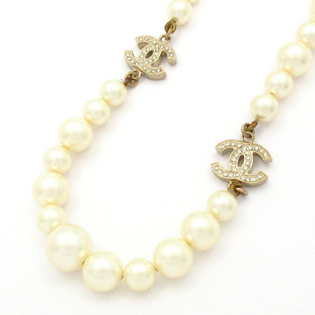 Chanel Necklace CC Logo Ivory Gold Faux Pearl Rhinestone